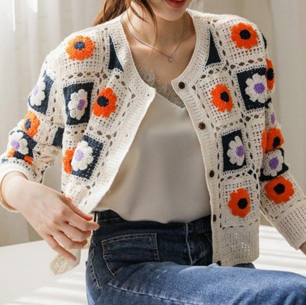 Chic Floral Crochet Cardigan - Cream, Orange, Purple